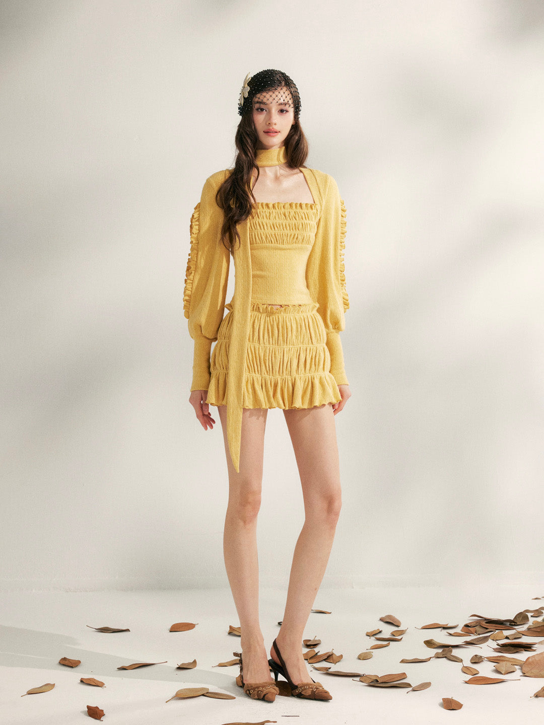 YZZI HE Pleated lace knitted top + skirt set