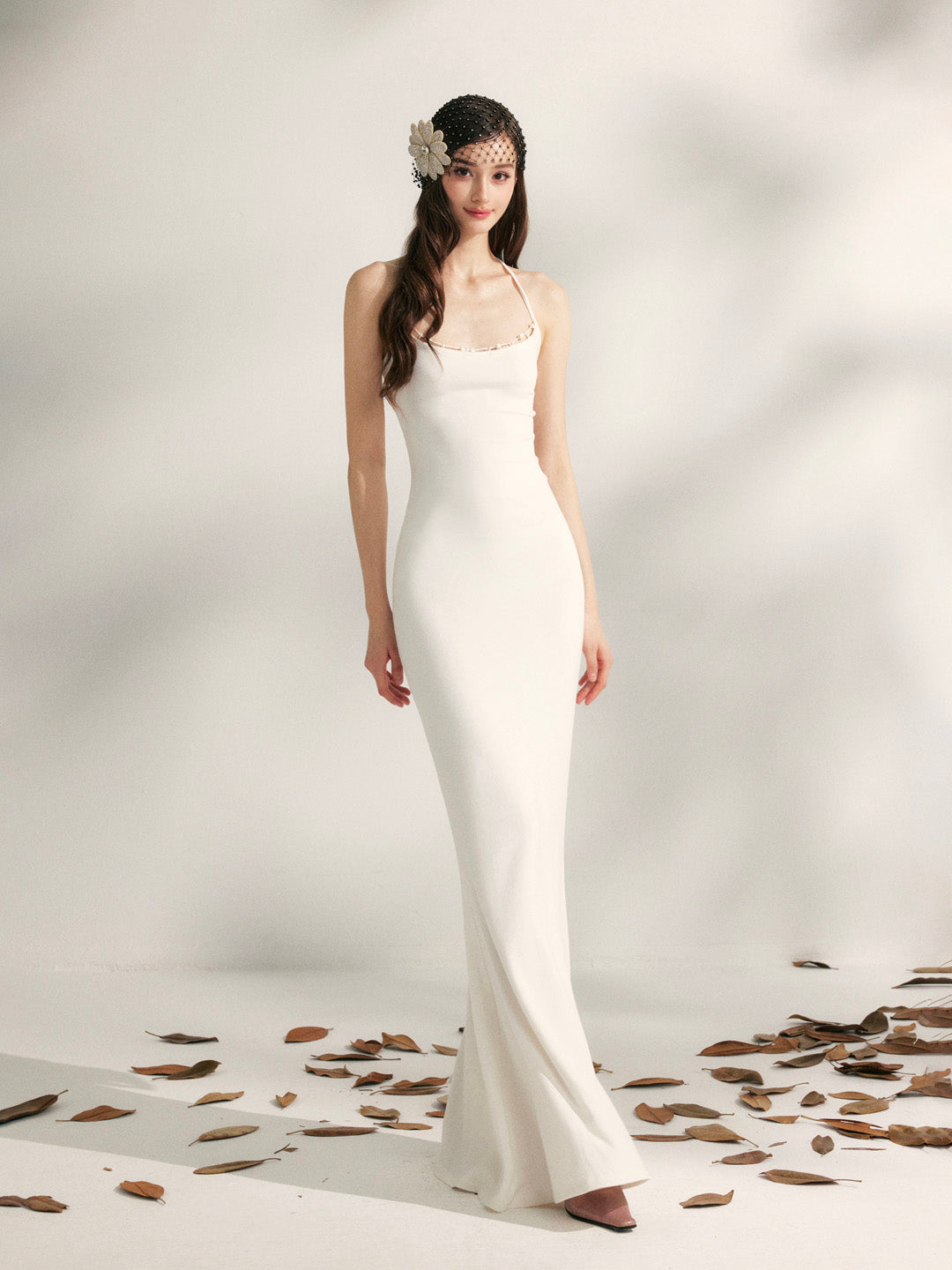 YZZI HE Beaded halter neck knitted fishtail maxi dress