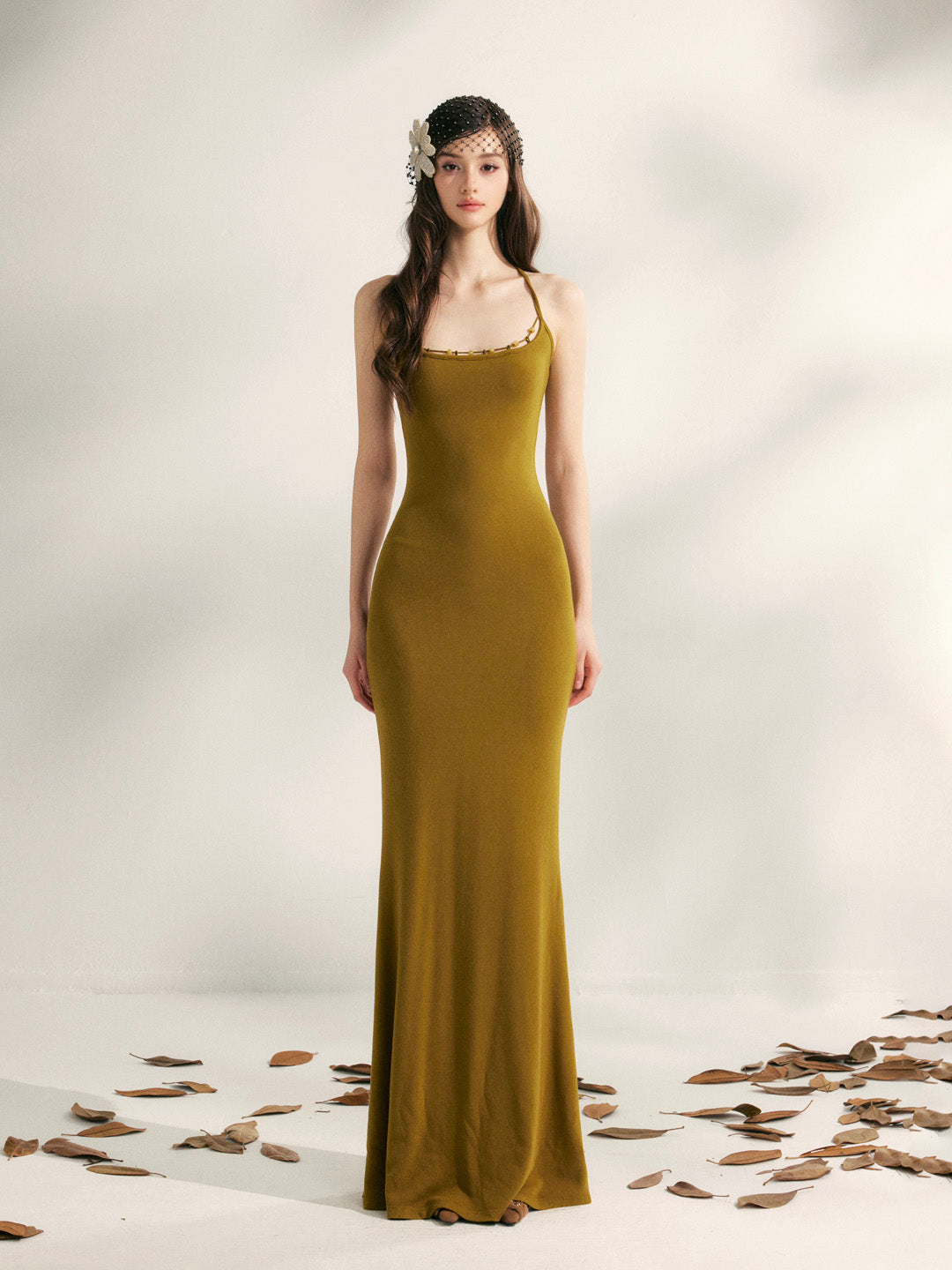 YZZI HE Beaded halter neck knitted fishtail maxi dress