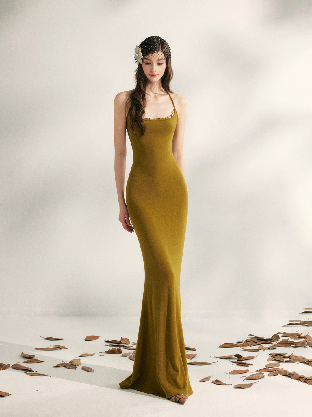 YZZI HE Beaded halter neck knitted fishtail maxi dress