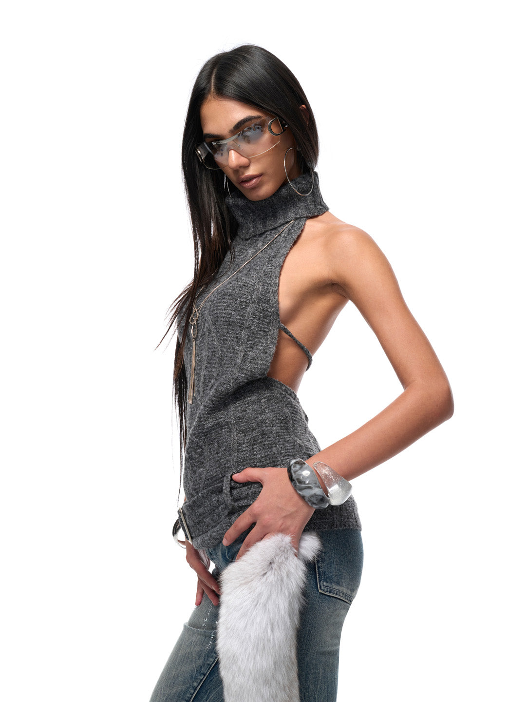 JYOSEI Red gray backless knitted top