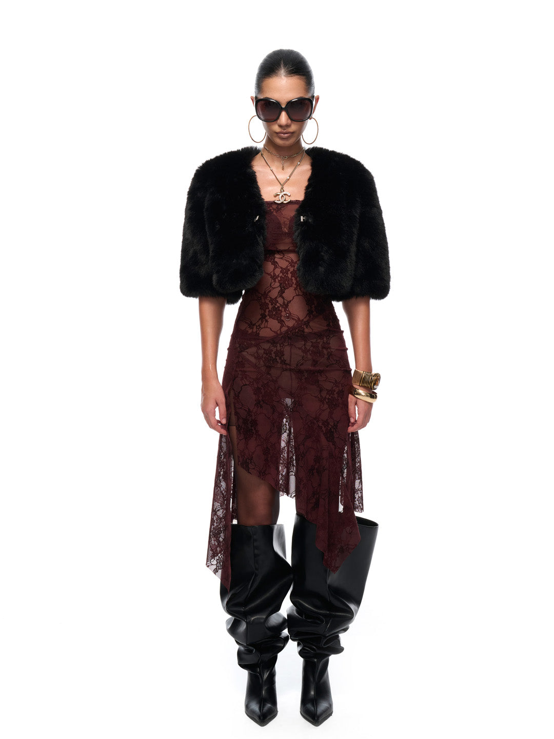 JYOSEI Black fur short sleeved shirt