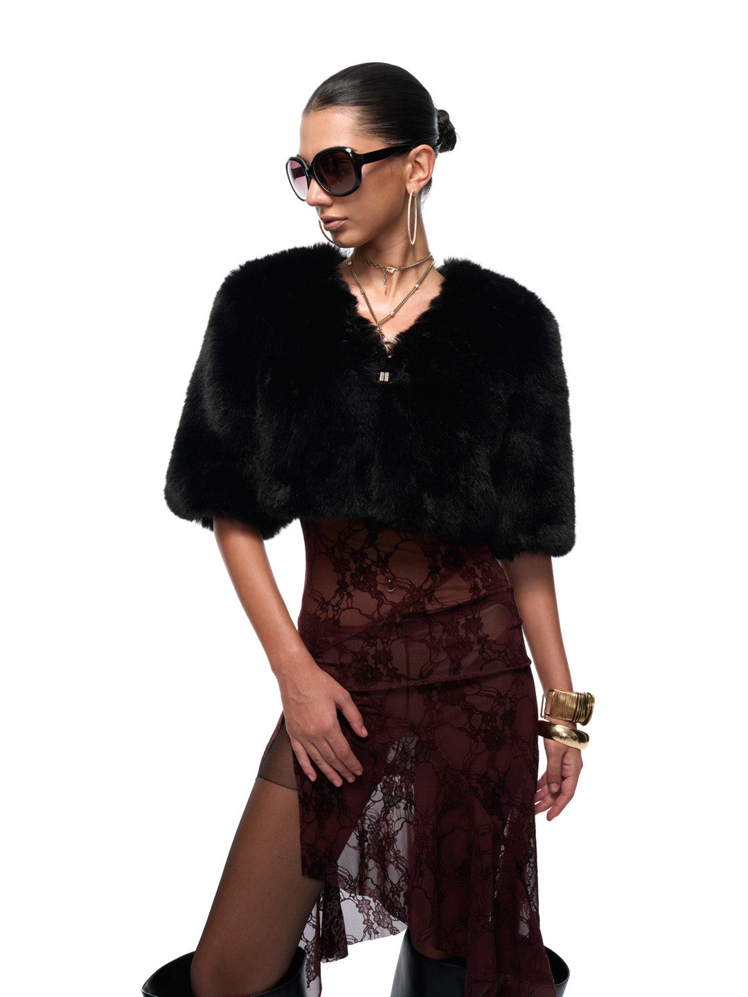 JYOSEI Black fur short sleeved shirt