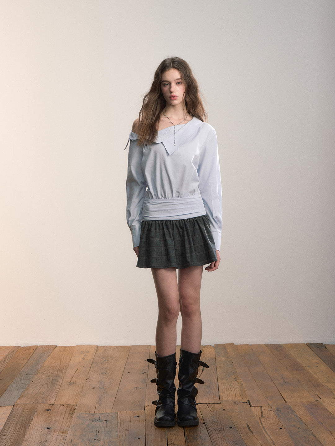 VIA PITTI VIADD644 Irregular shirt patchwork plaid dress