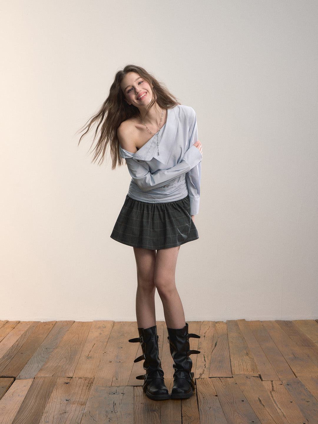 VIA PITTI VIADD644 Irregular shirt patchwork plaid dress