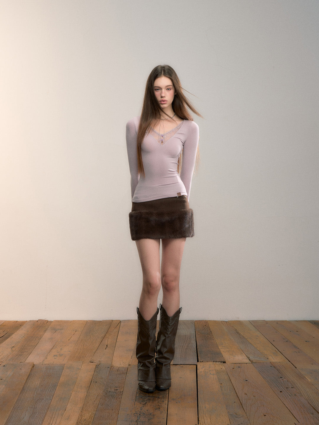 VIA PITTI VIADTP696 Lace collar patchwork base long sleeved top