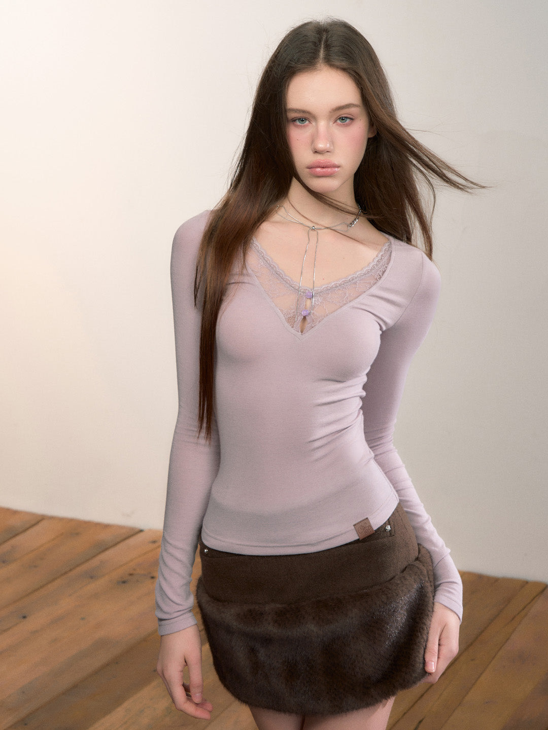 VIA PITTI VIADTP696 Lace collar patchwork base long sleeved top