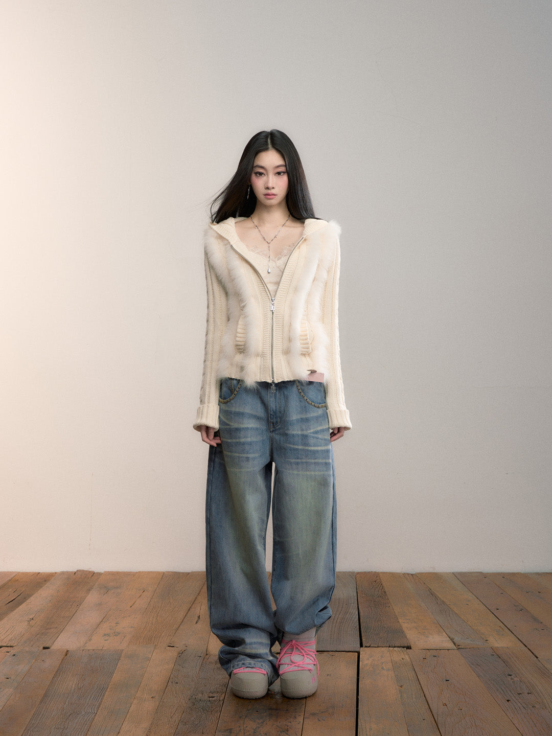 VIA PITTI VIADK712 Fox fur spliced wool woven hooded jacket