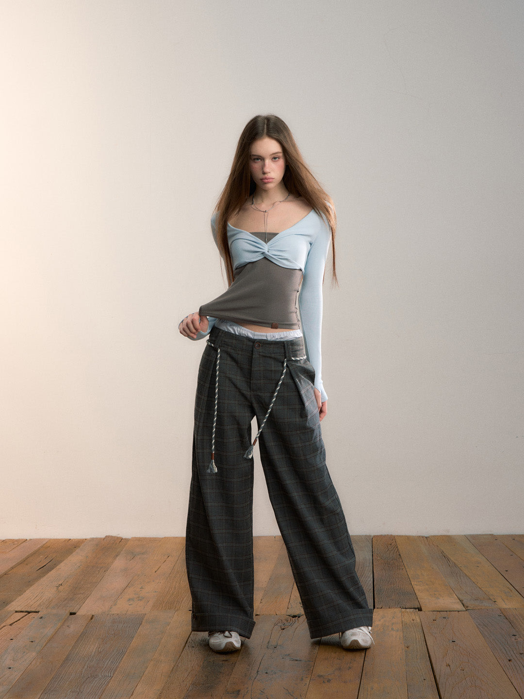 VIA PITTI VIADS649 Double waisted plaid wool casual pants