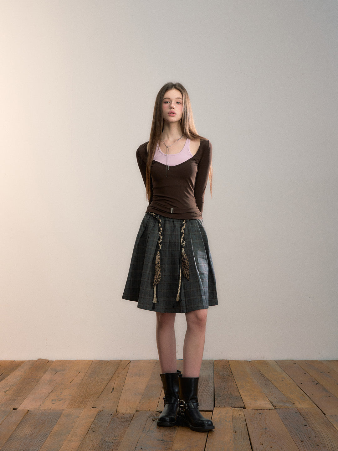 VIA PITTI VIADTP662 Color blocking splicing fake two-piece waist belt base top