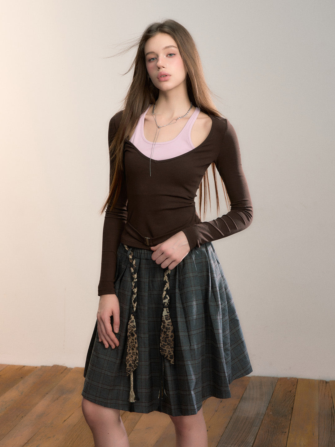 VIA PITTI VIADTP662 Color blocking splicing fake two-piece waist belt base top