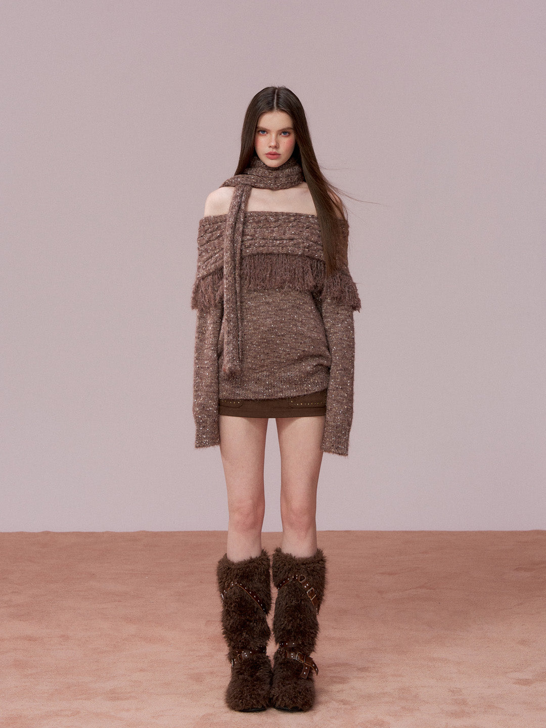 VIA PITTI VIADK783 Off shoulder mixed color woolen sweater + scarf set