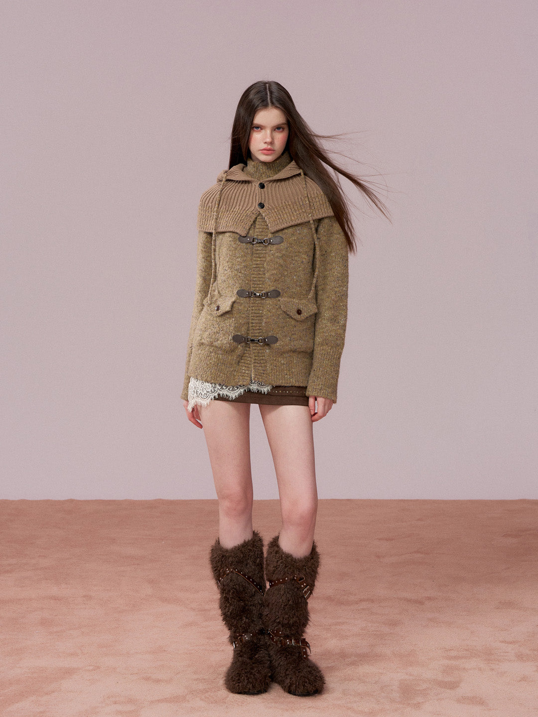 VIA PITTI VIADK777&VIADK774 Leather buttoned woolen cardigan + hooded cloak set