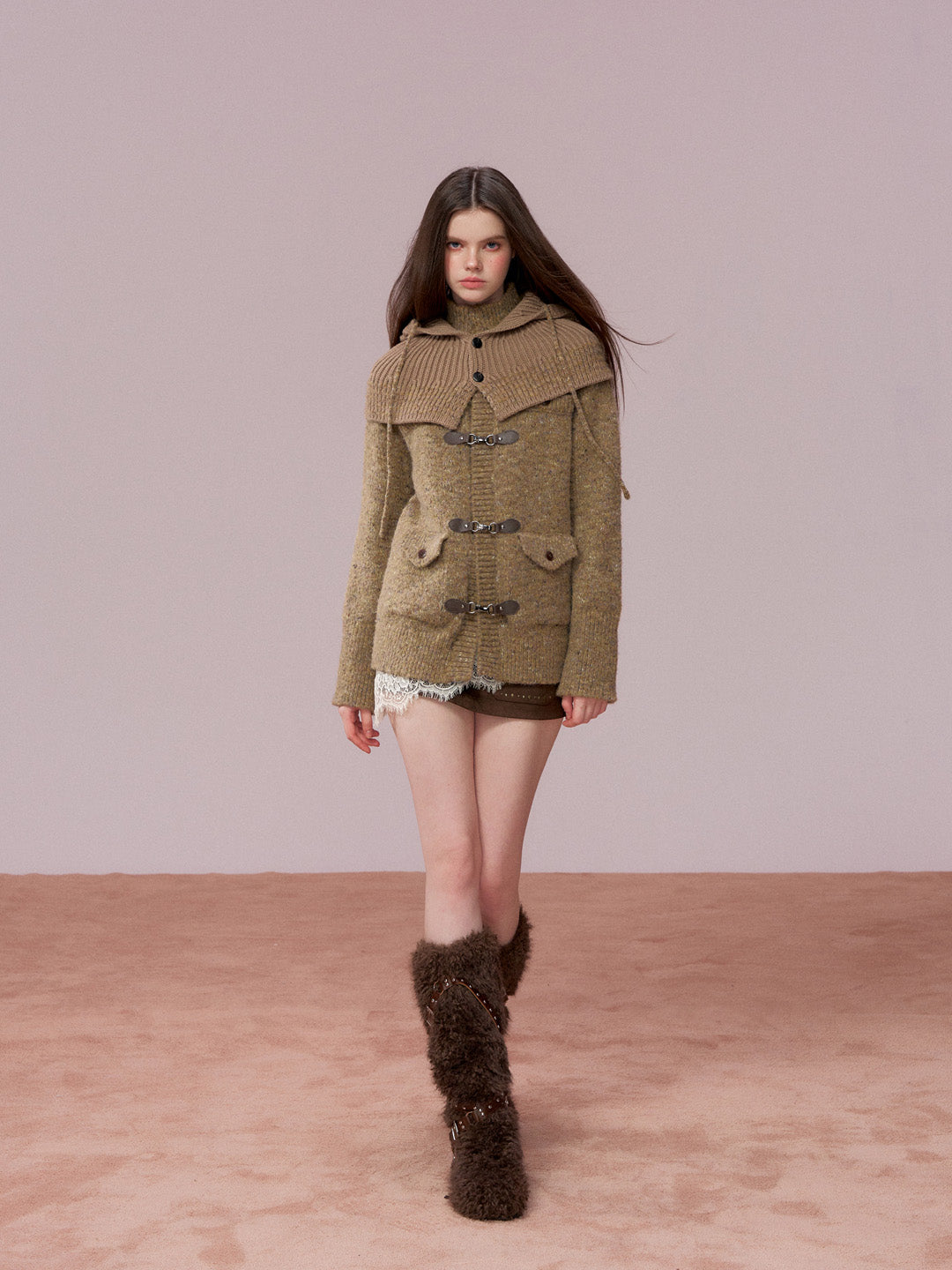 VIA PITTI VIADK777&VIADK774 Leather buttoned woolen cardigan + hooded cloak set