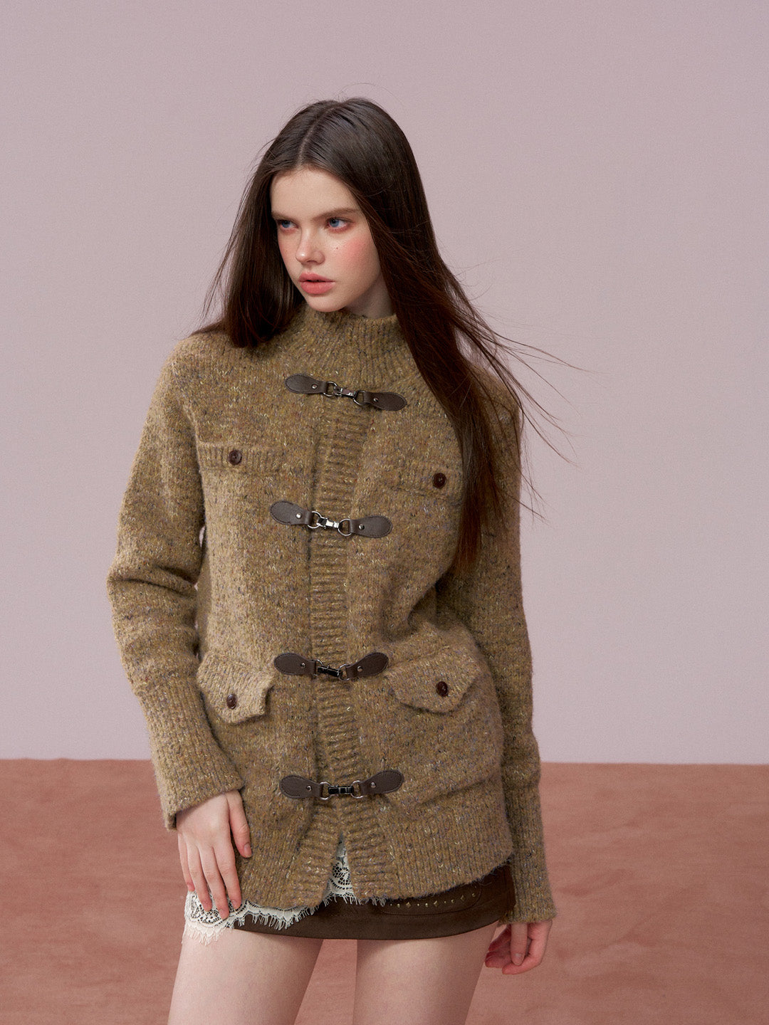 VIA PITTI VIADK777&VIADK774 Leather buttoned woolen cardigan + hooded cloak set