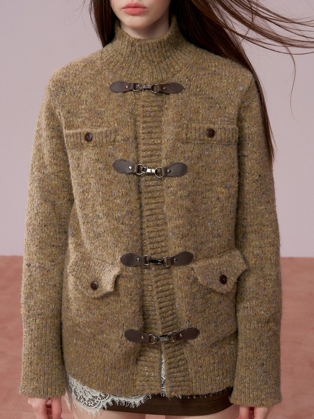 VIA PITTI VIADK777&VIADK774 Leather buttoned woolen cardigan + hooded cloak set