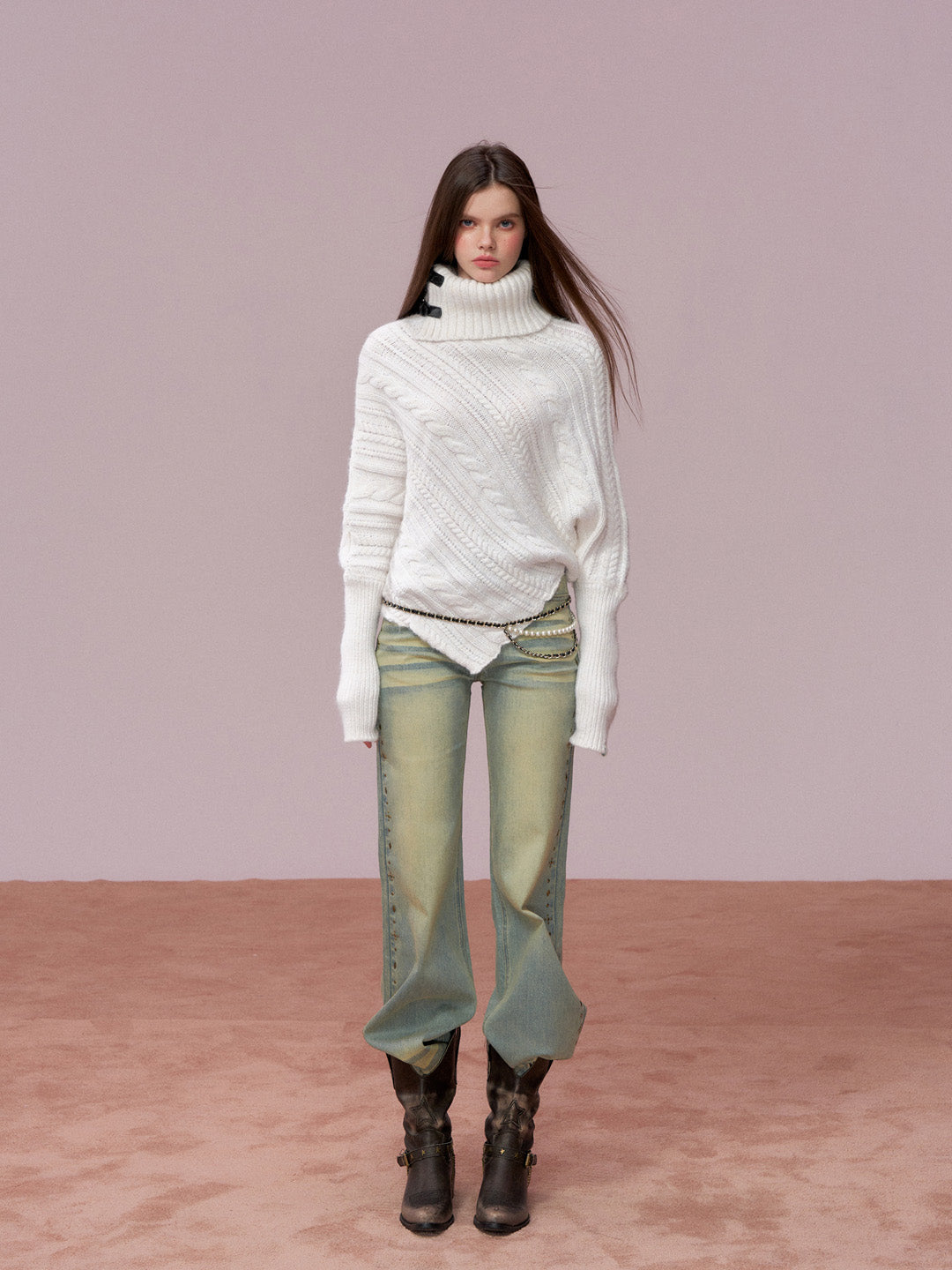 VIA PITTI VIADK739 Leather buckle high neck irregular thickened version cloak sweater