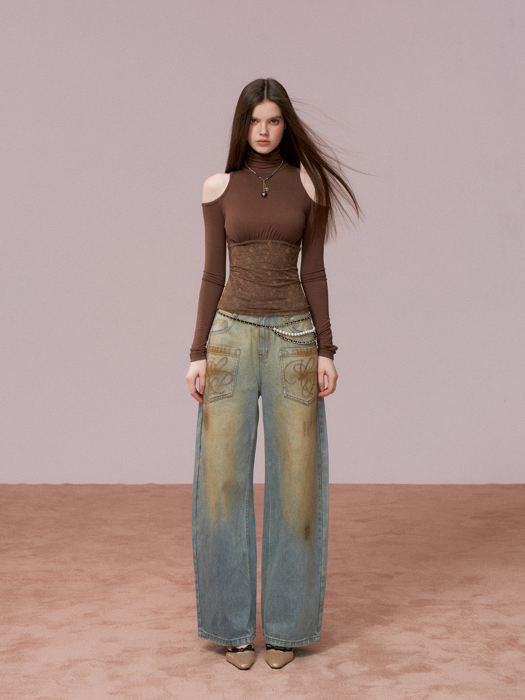 VIA PITTI VIADTP727 High neck lace patchwork base long sleeved shirt