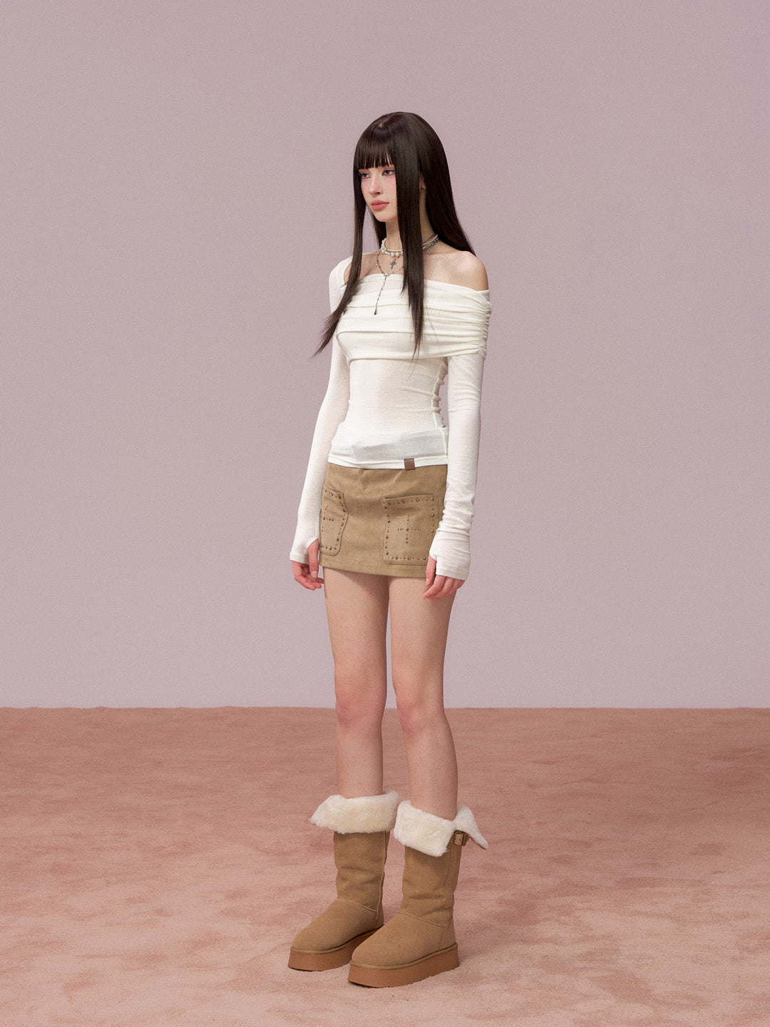 VIA PITTI VIADTP667 Irregular off shoulder long sleeved T-shirt