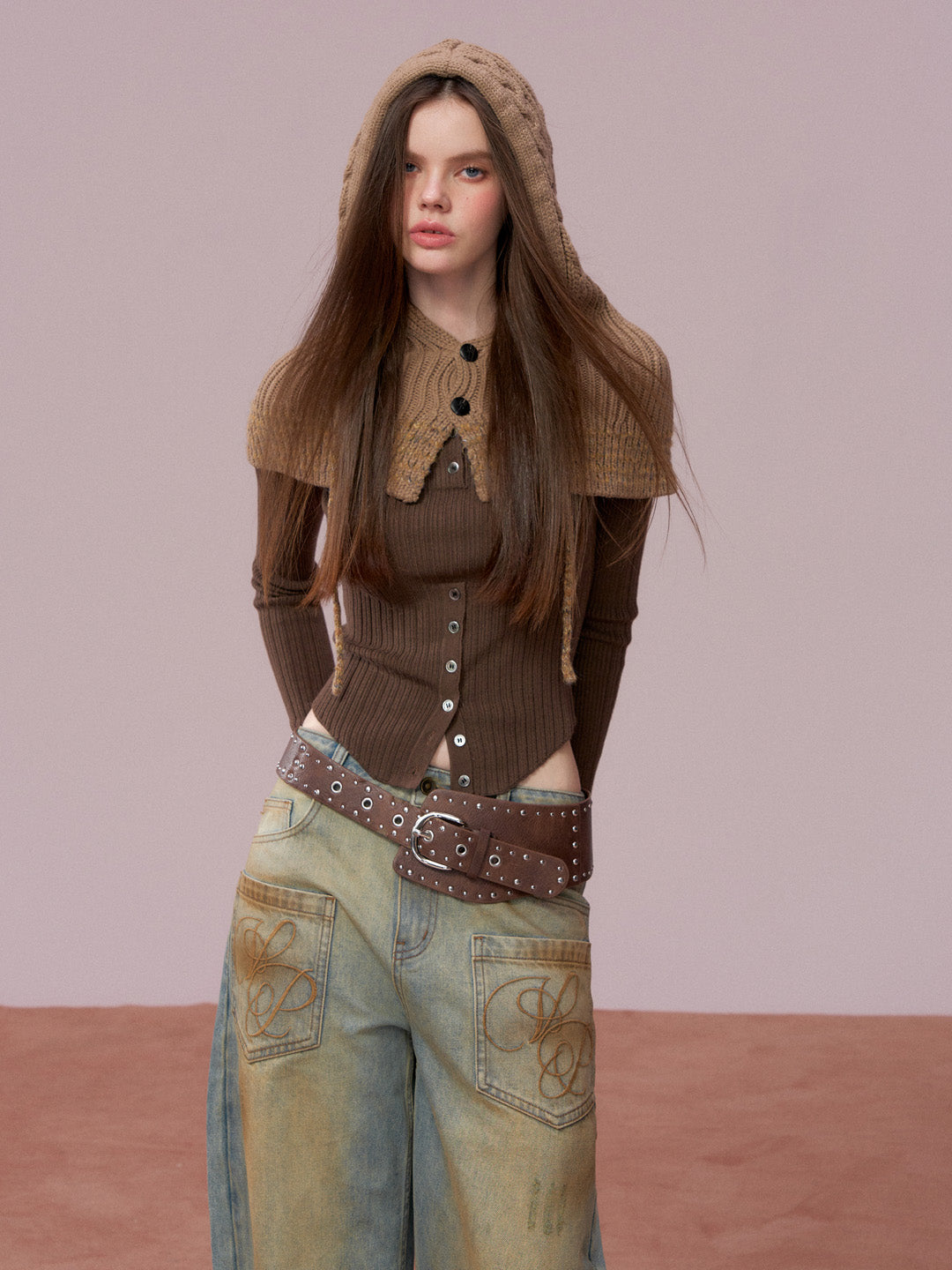 VIA PITTI VIADK777&VIADK774 Leather buttoned woolen cardigan + hooded cloak set