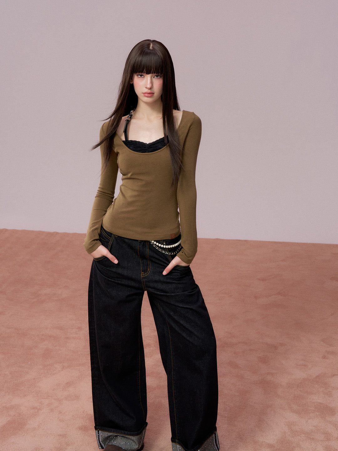 VIA PITTI VIADTP751 Lace patchwork leather edge contrasting long sleeved T