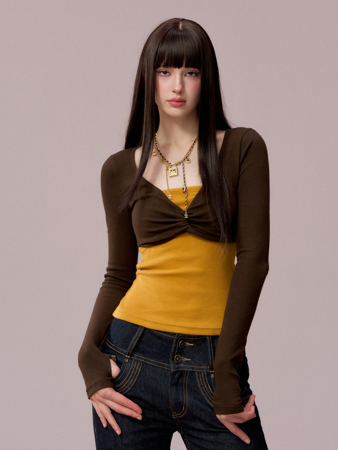 VIA PITTI VIADTP689 Splicing fake two-piece contrasting strapless long sleeved shirt