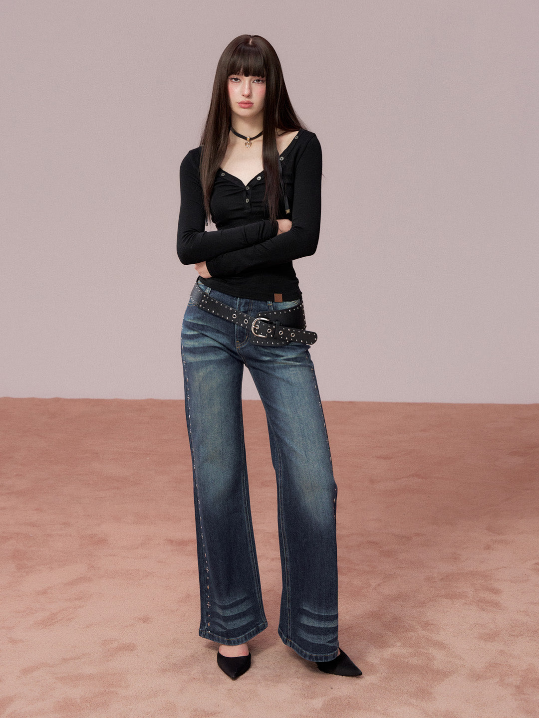 VIA PITTI VIADTP729 Button decoration round neck base T