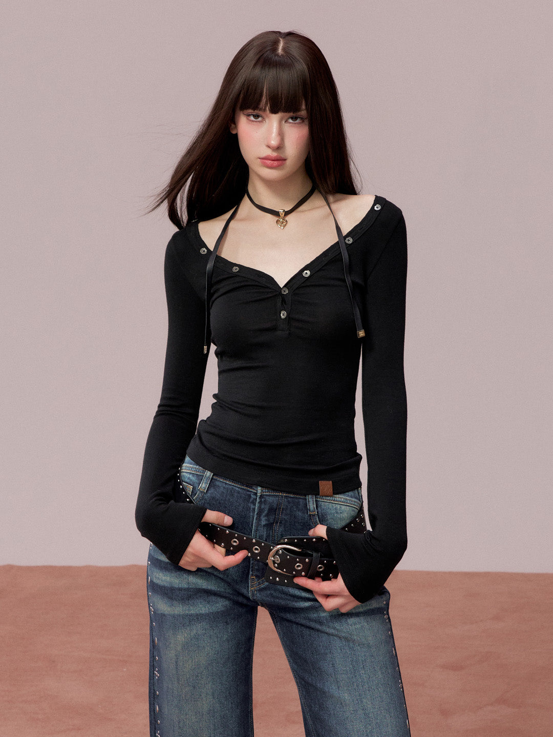 VIA PITTI VIADTP729 Button decoration round neck base T