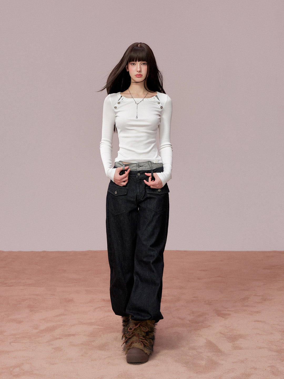 VIA PITTI VIADP650 Double waisted contrasting colors denim pants