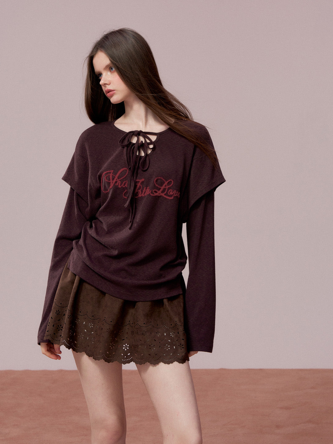 VIA PITTI VIADTP741 Fake Two Piece 3D Embroidered Loose Long Sleeve T