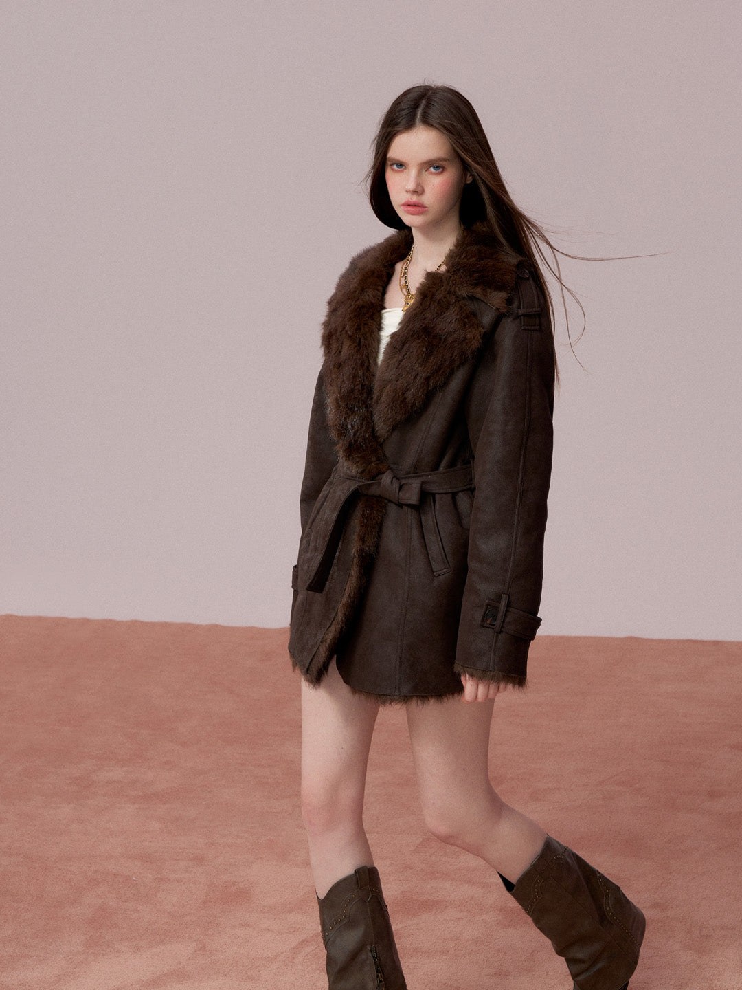 VIA PITTI VIADC681 Fur and leather one-piece waist cinching coat