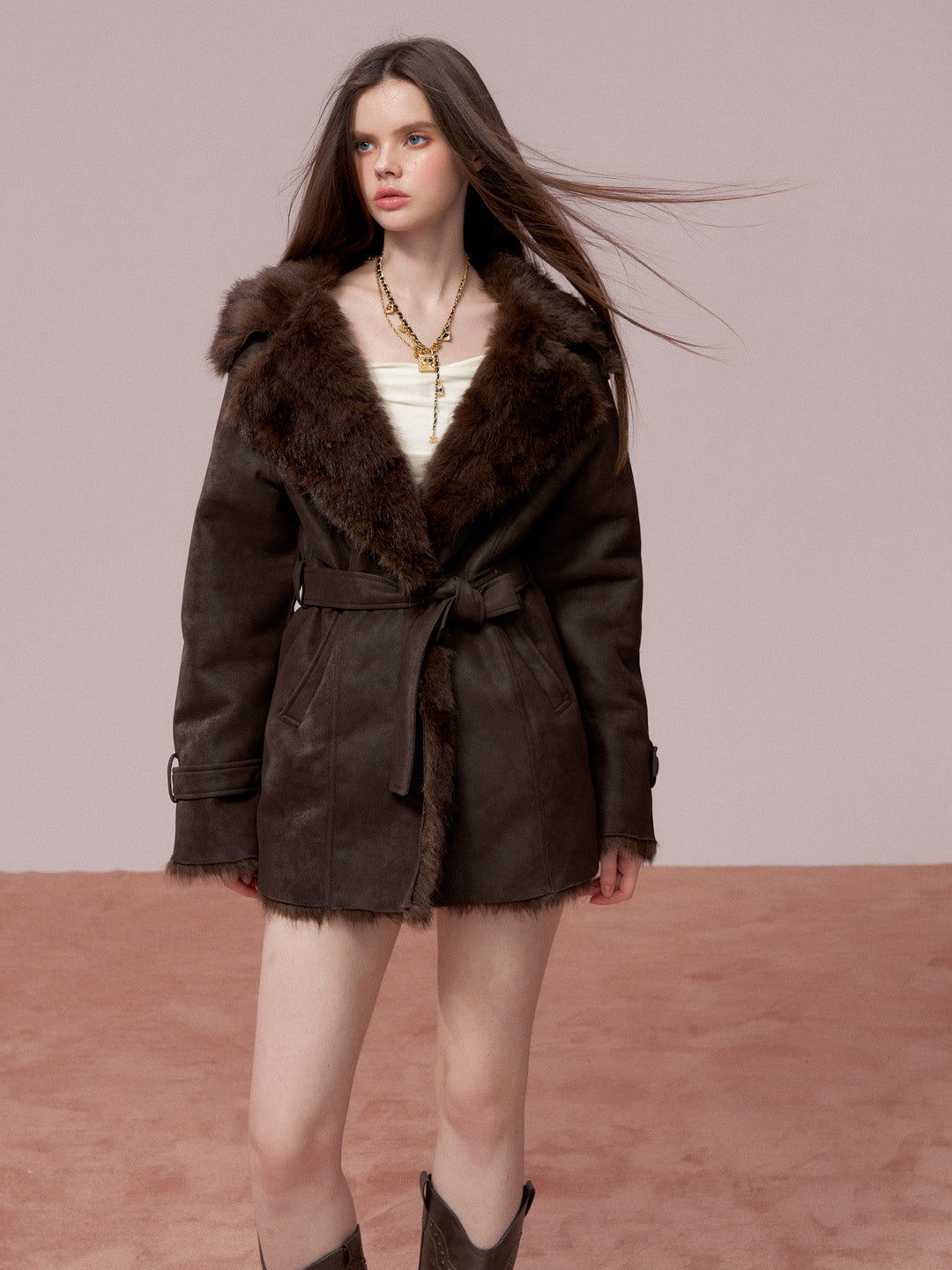 VIA PITTI VIADC681 Fur and leather one-piece waist cinching coat