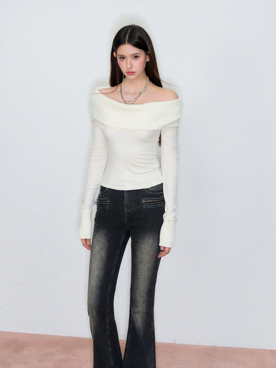 VIA PITTI VIAATP808 Splicing off shoulder long sleeved T-shirt