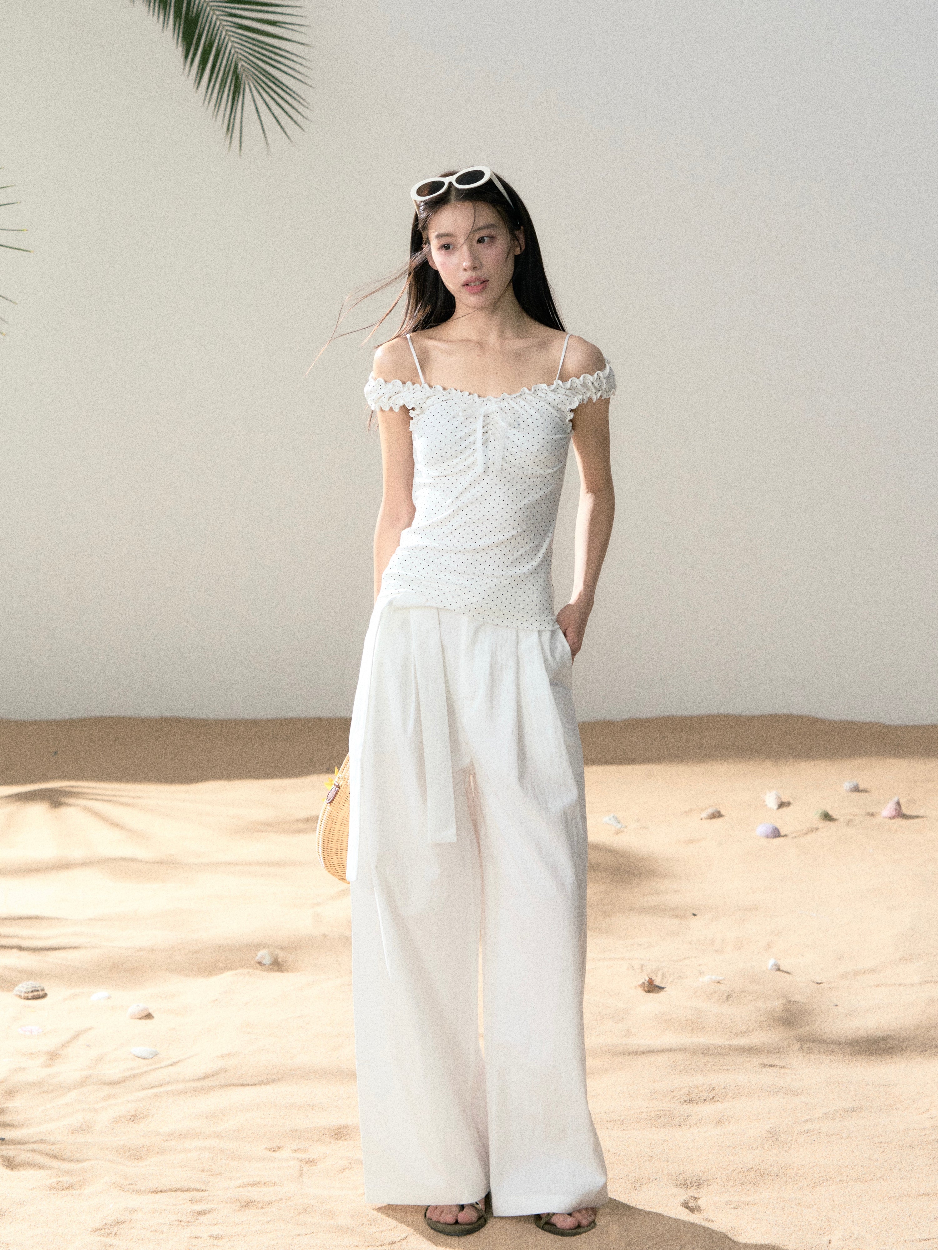 LAFREEDOM LAF360524 Off-Shoulder Stretch Knit Top + LAF360525 White Casual Long Pants