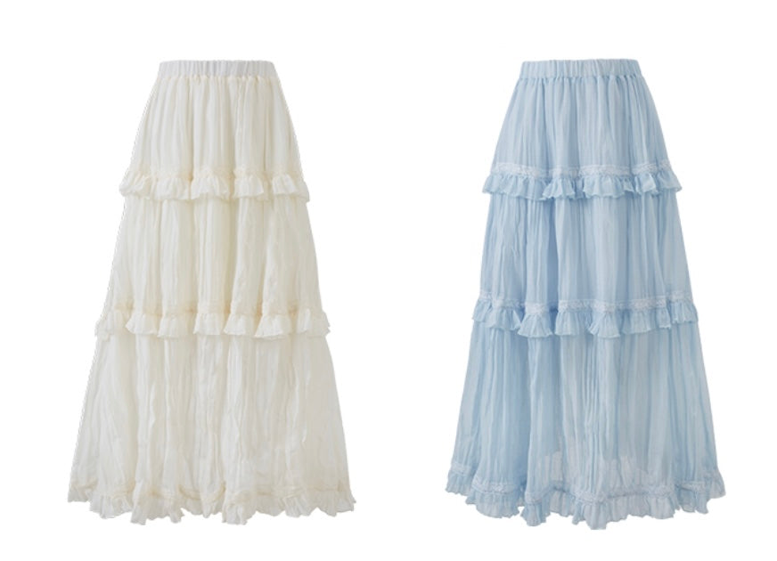 Lafreedom LAF360401&LAF360402 Light gauze multi-layer ruffled lace camisole top + ruffled lace skirt