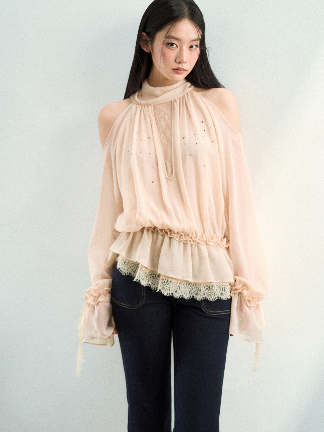 VIA PITTI VIAATP823 Elegant mesh ribbon long sleeved top