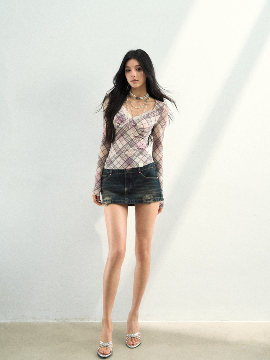 VIA PITTI VIAATP858 Grid mesh splicing slim long sleeved T