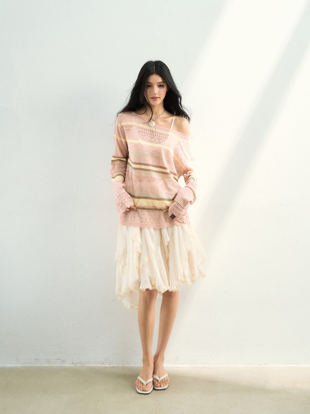 VIA PITTI VIAAK948 Color blocking hollow woolen woven color blocking striped loose fit cover shirt