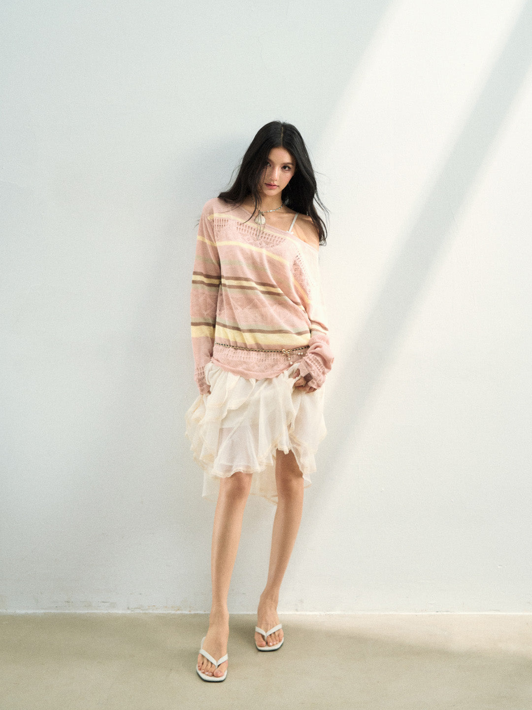 VIA PITTI VIAAK948 Color blocking hollow woolen woven color blocking striped loose fit cover shirt