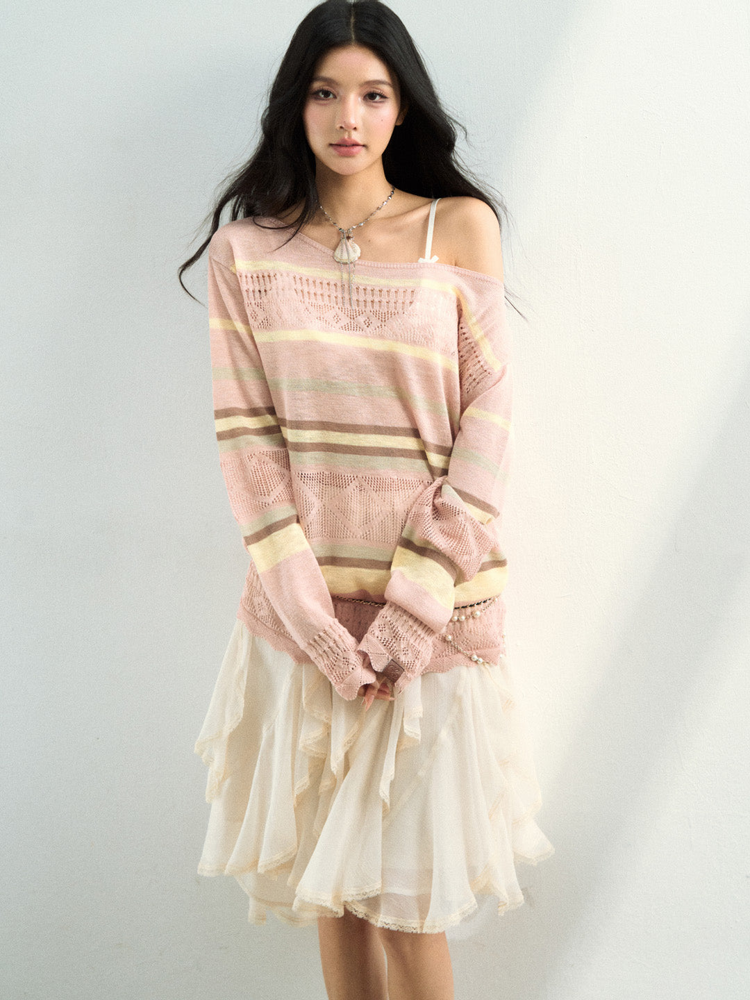 VIA PITTI VIAAK948 Color blocking hollow woolen woven color blocking striped loose fit cover shirt