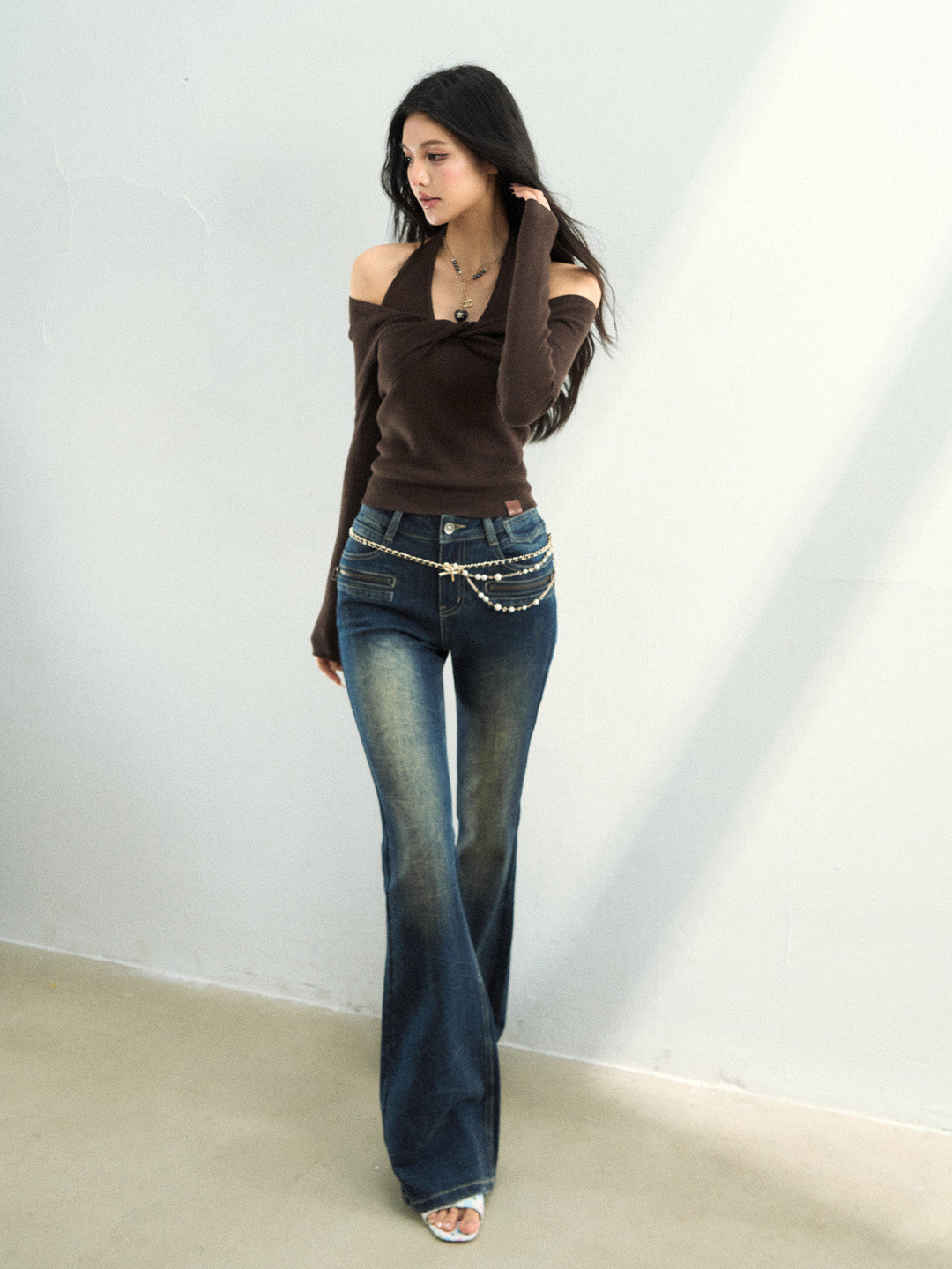 VIA PITTI VIAAK949 Woolen off shoulder long sleeved fabric top