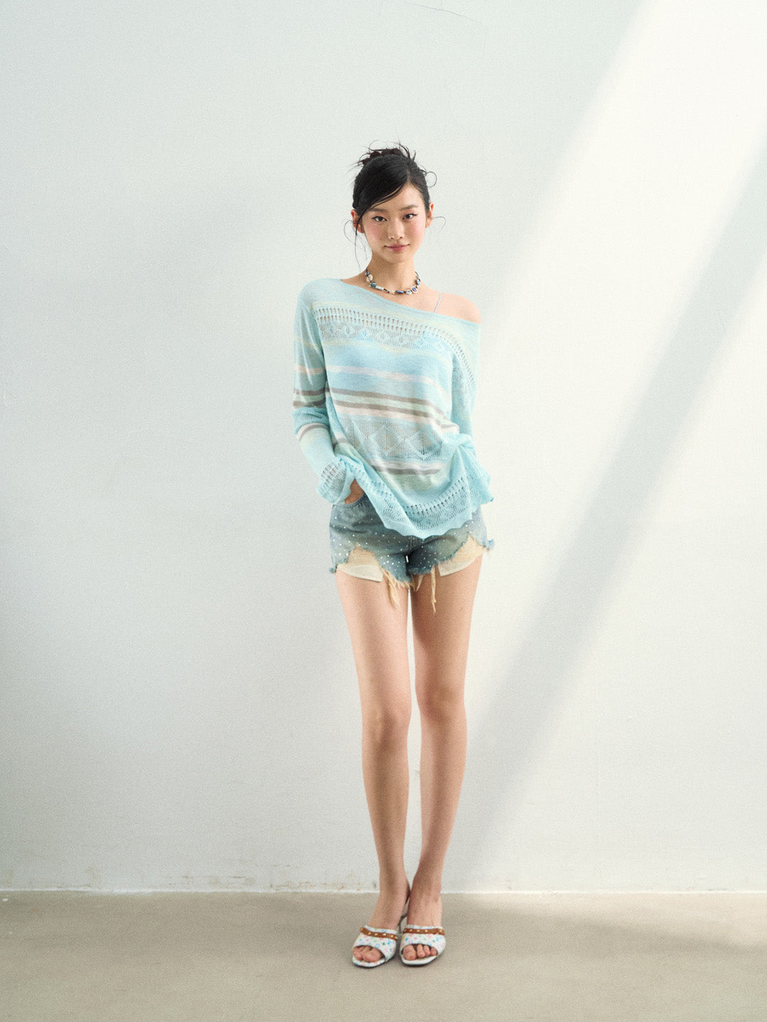 VIA PITTI VIAAK948 Color blocking hollow woolen woven color blocking striped loose fit cover shirt