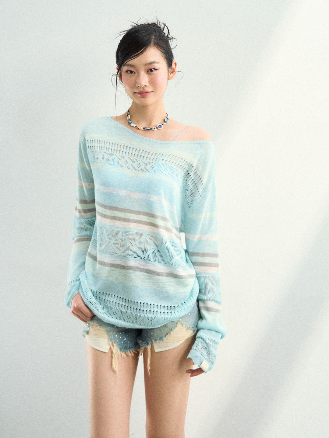 VIA PITTI VIAAK948 Color blocking hollow woolen woven color blocking striped loose fit cover shirt