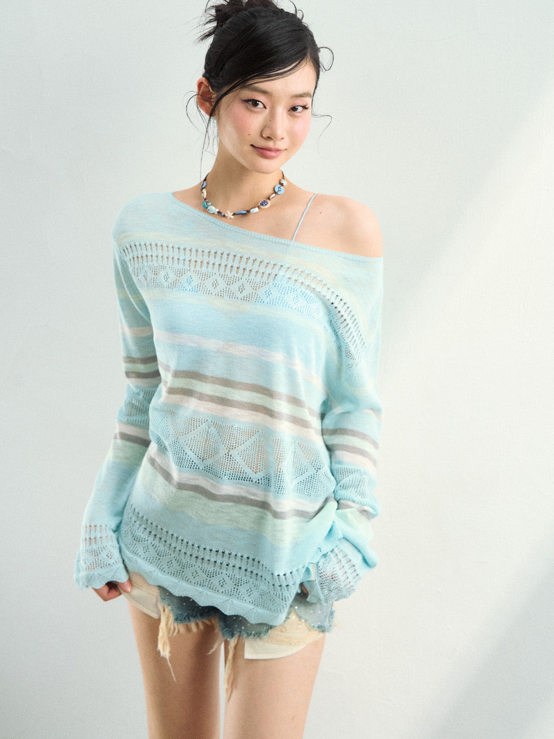 VIA PITTI VIAAK948 Color blocking hollow woolen woven color blocking striped loose fit cover shirt