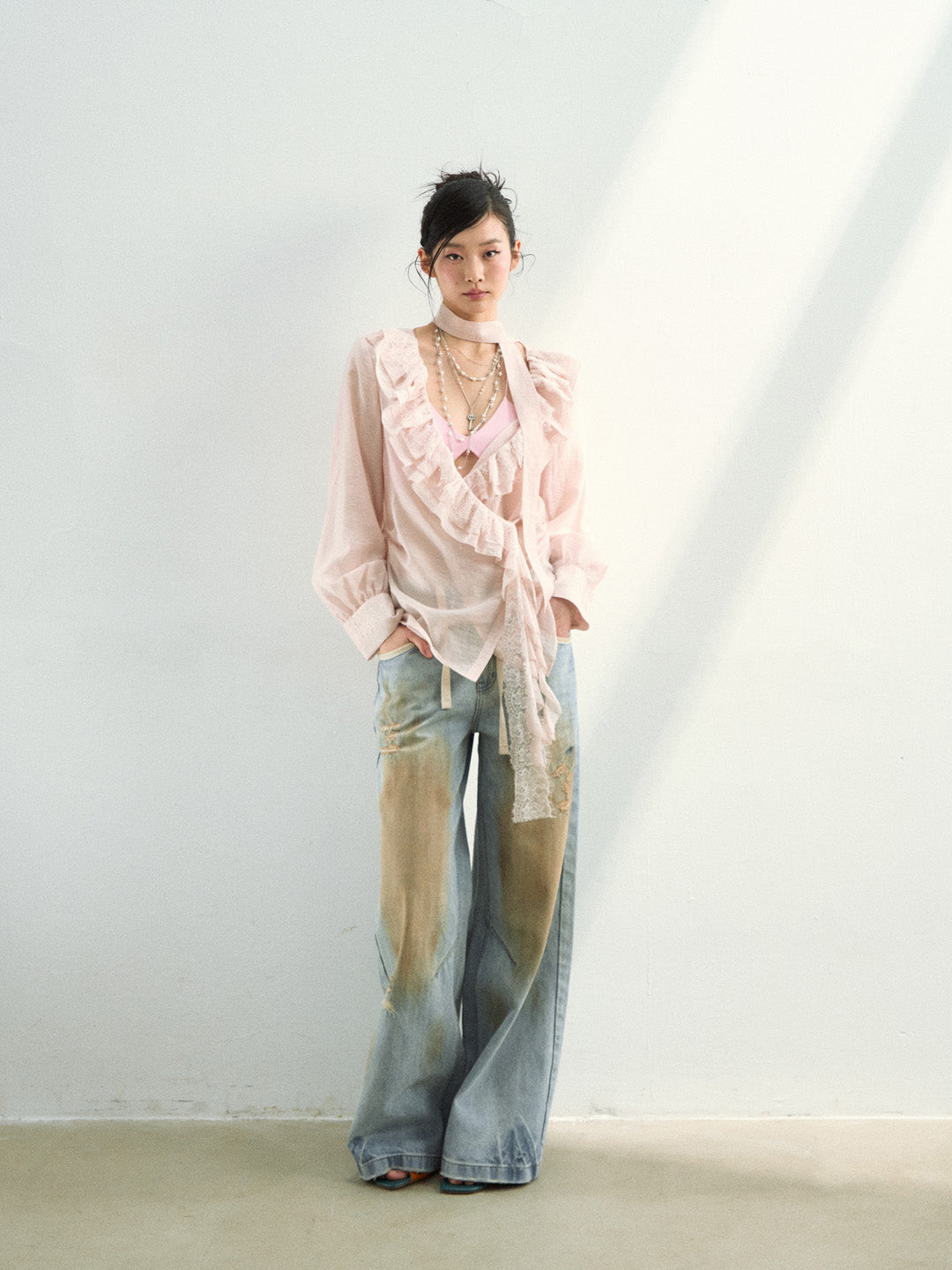 VIA PITTI VIAAT812 Lace patchwork design with a flowing ribbon shirt