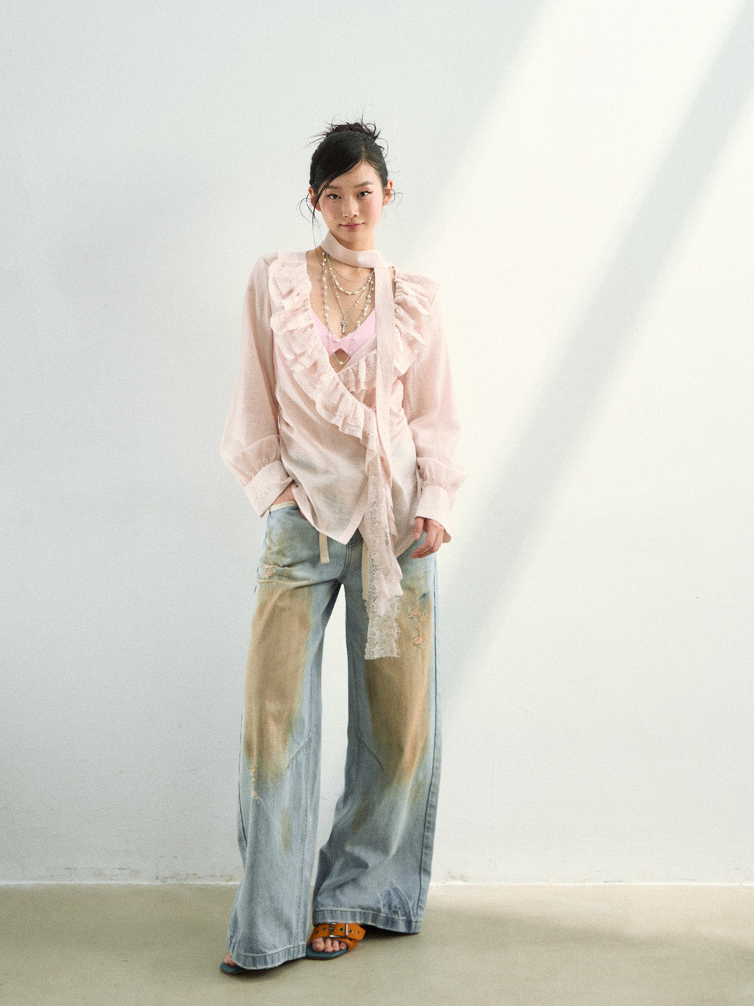 VIA PITTI VIAAT812 Lace patchwork design with a flowing ribbon shirt