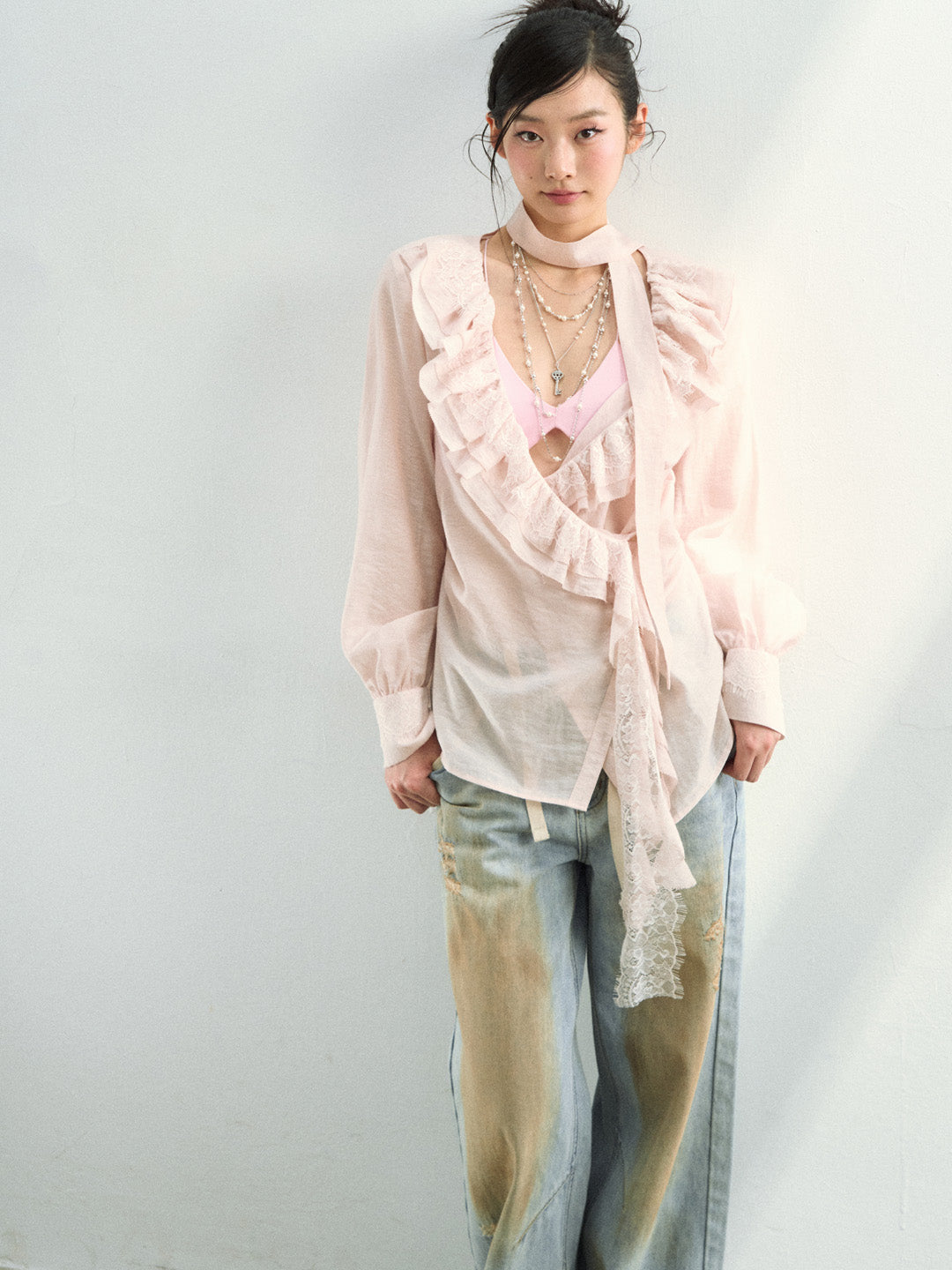 VIA PITTI VIAAT812 Lace patchwork design with a flowing ribbon shirt