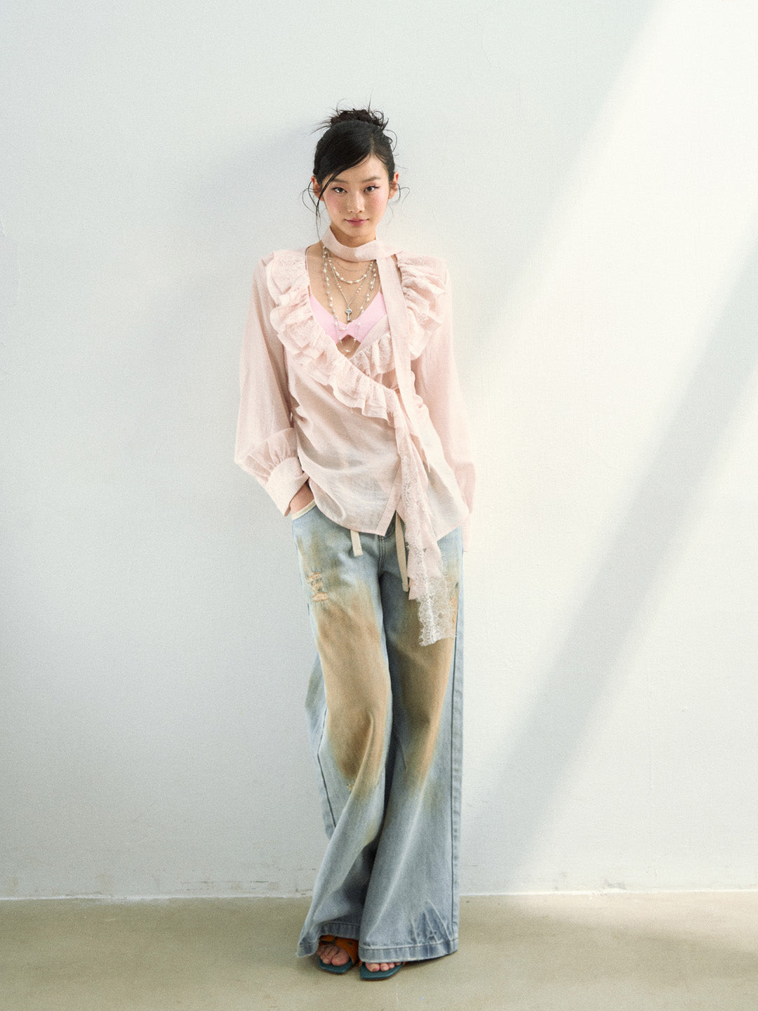 VIA PITTI VIAAT812 Lace patchwork design with a flowing ribbon shirt