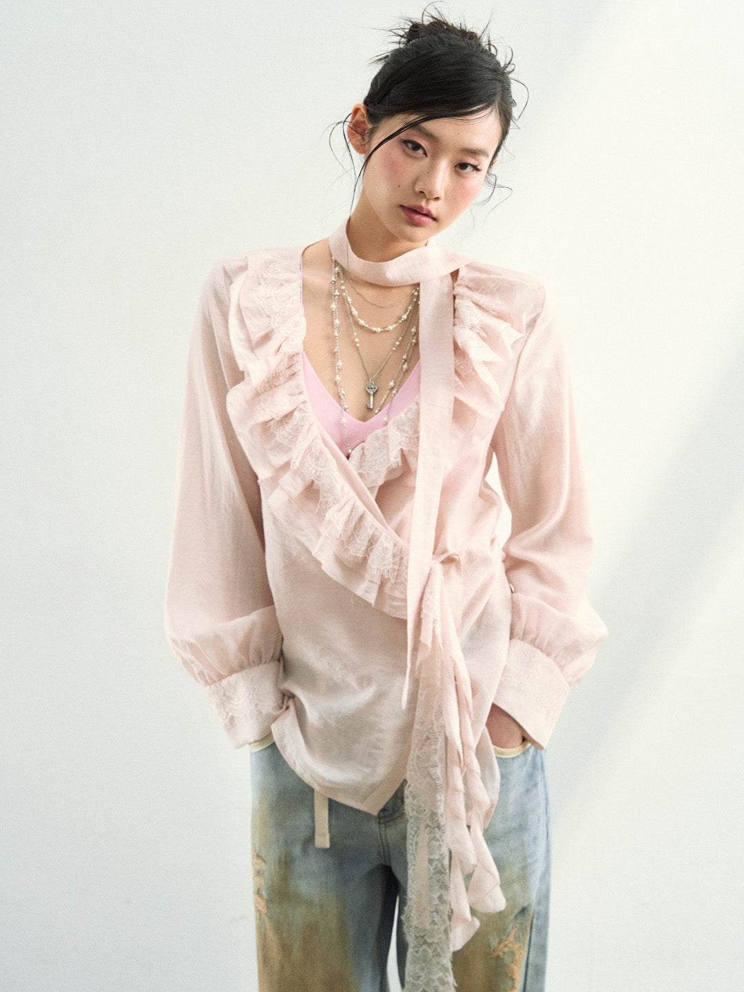VIA PITTI VIAAT812 Lace patchwork design with a flowing ribbon shirt