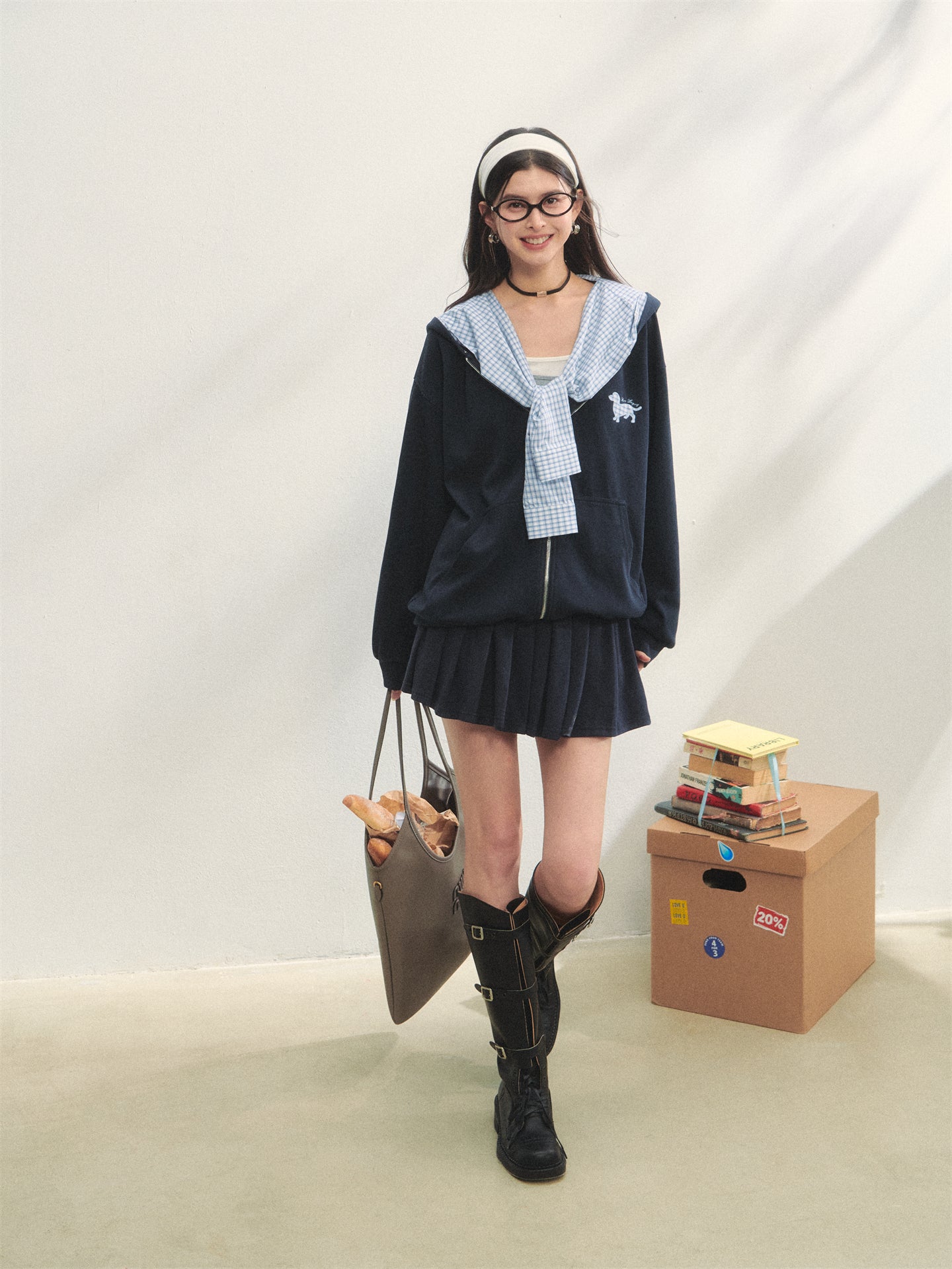 AsGony ASG25269 Detachable plaid strap hooded jacket